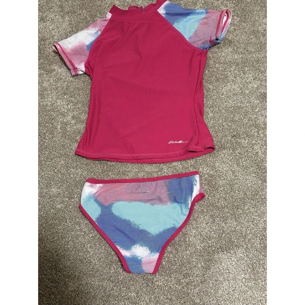 Eddie Bauer Girls Swimsuit Set Short Sleeve Rash Guard Bikini Bottoms   Size 7/8